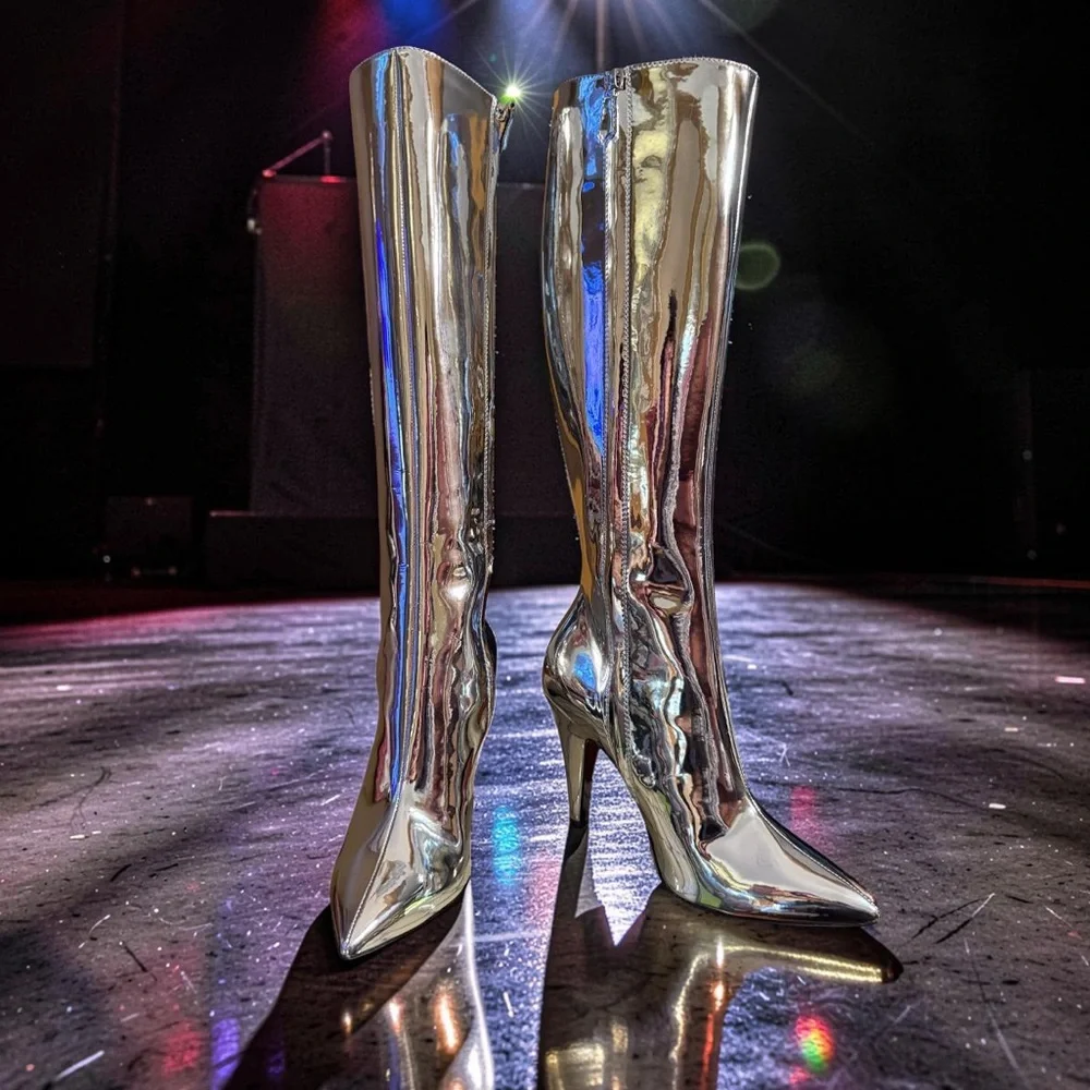 Moschino NWT Sz 38 Vero Cucio Silver Metallic Knee-High Stiletto Boots (SH292) - Picture 2 of 15